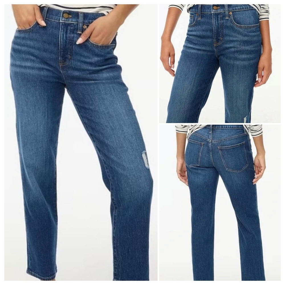 J Crew | Medium Blue Cropped Relaxed Boyfriend Jeans Raw Hem Distressed 29